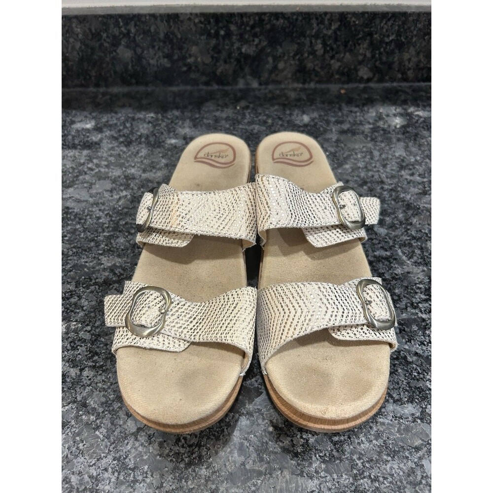 Dansko Sophie Sandals 41 White Metallic Gold Snakeskin Slip On Open Toe Support
